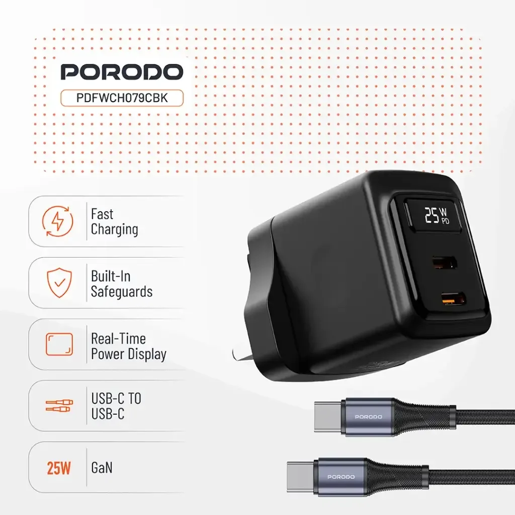 Porodo GAN 25W Multiport Wall Charger with USB C to Lightning Cable — image 2