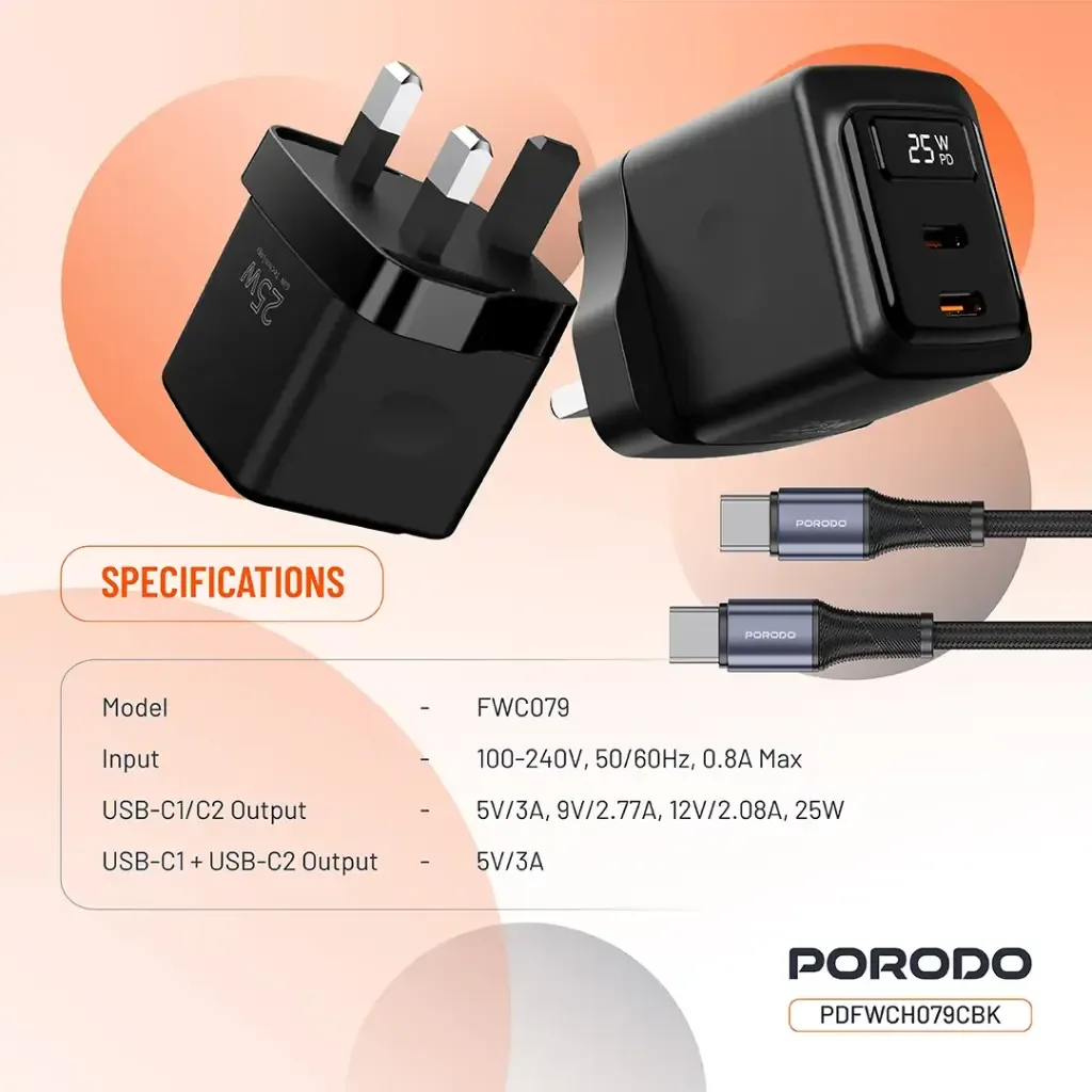 Porodo GAN 25W Multiport Wall Charger with USB C to Lightning Cable — image 3