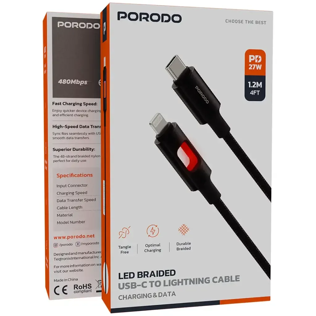 Porodo Led Braided Usb a To Usb C 27 W Cable 1.2 M — image 2