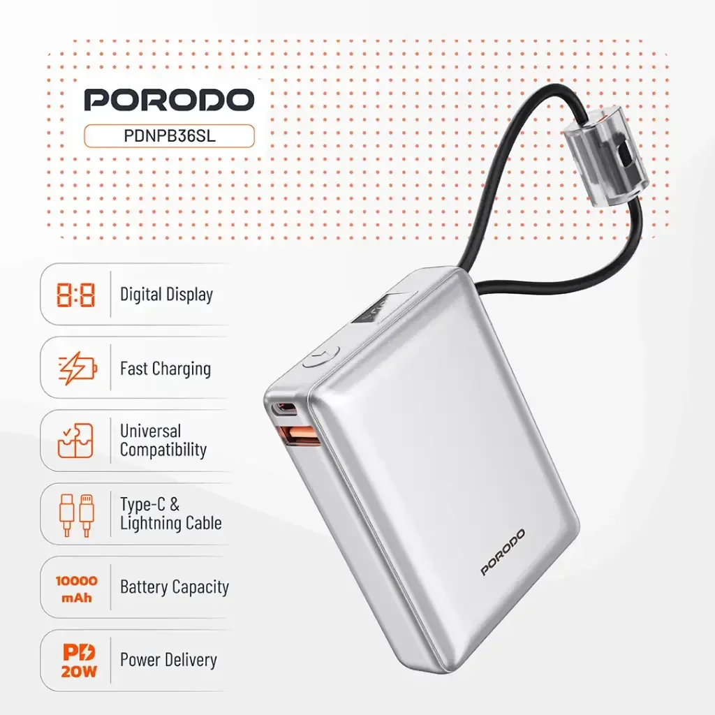 Porodo Petite 10000 mAh Power Bank Integrated USB C & Lightning Cable — image 4