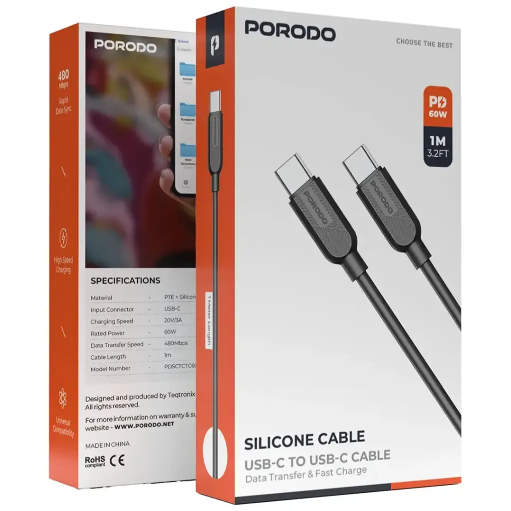Porodo 60W Silicon USB C to USB C Cable 1M — image 3
