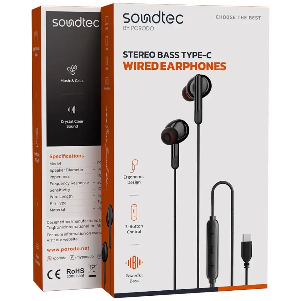 Sound TEC stereo bass type C wired earphone 3 button control — image 3