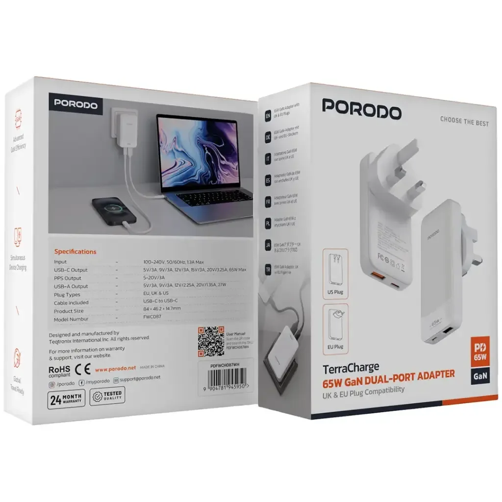 Porodo Terra Charge 65W GaN Dual Port Fast Charger (USB-C + USB-A) – Compact Power Adapter — image 4