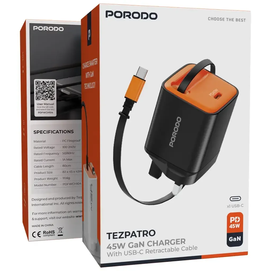 Porodo Tezpatro 45W PD GAN Charger with Retractable USB C Cable — image 3