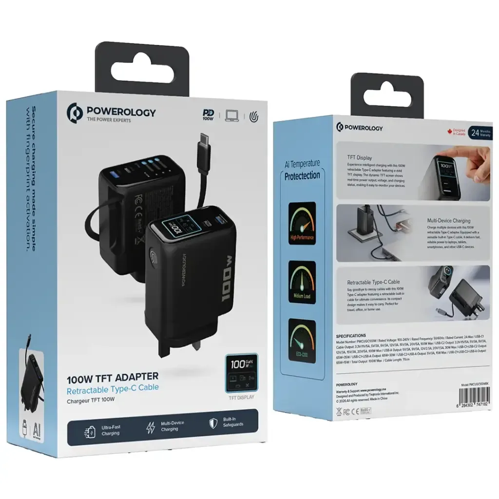 Powerology 100W AI TFT Adapter Retractable Type C Cable — image 3