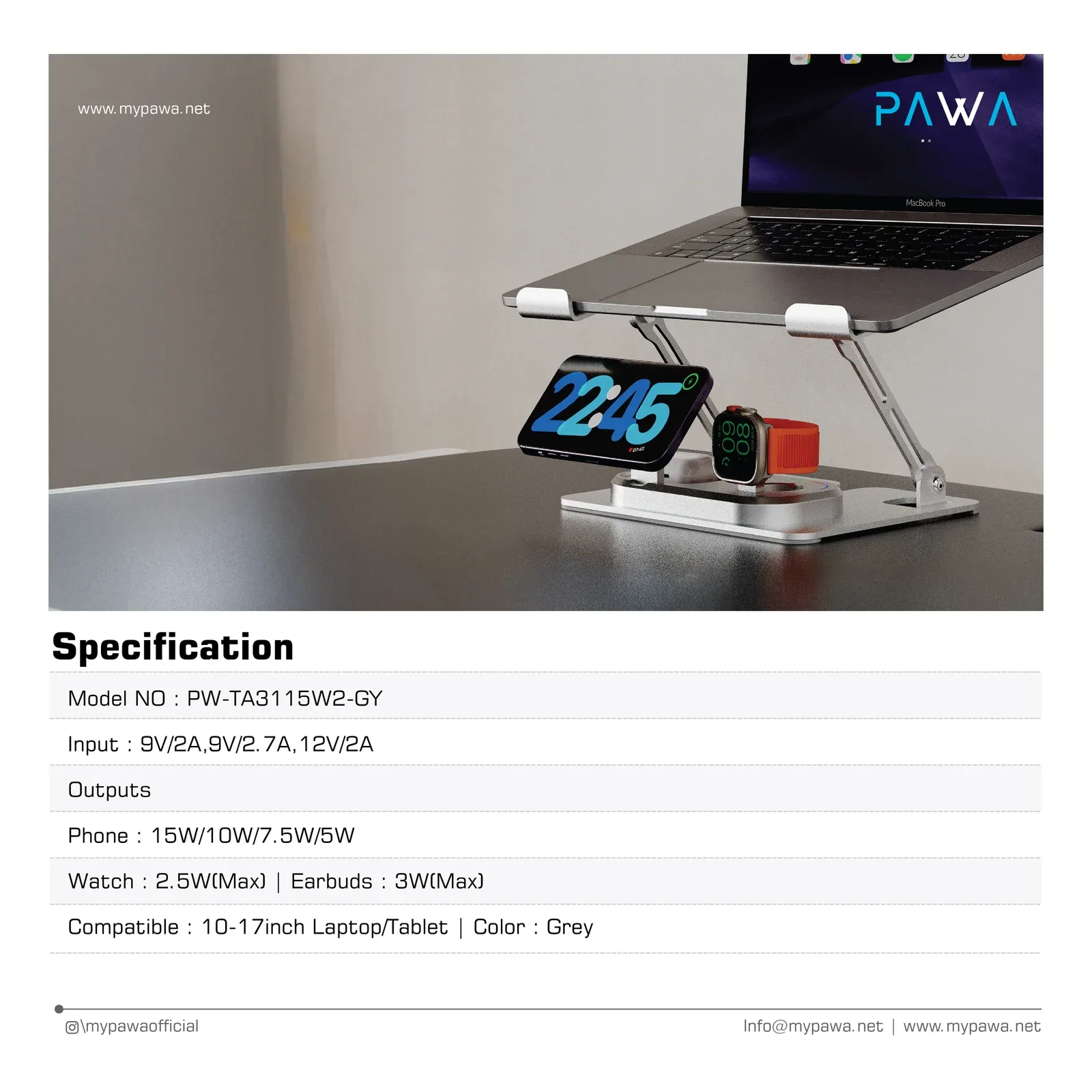 Pawa 3 in 1 Multifunctional Laptop Stand Charging Station — image 3