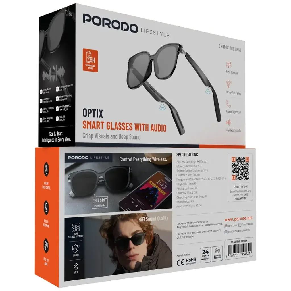 Porodo Lifestyle Dynamiq Smart Sunglasses Grey UV400 Lenses PDLFSTK08 | Bluetooth Audio Glasses — image 2