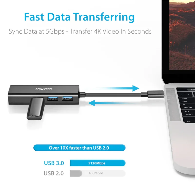 CHOETECH 4 In 1 USB-C Multiport Adapter U02BK HUB-U02 - Compact USB-C Expansion Hub — image 3
