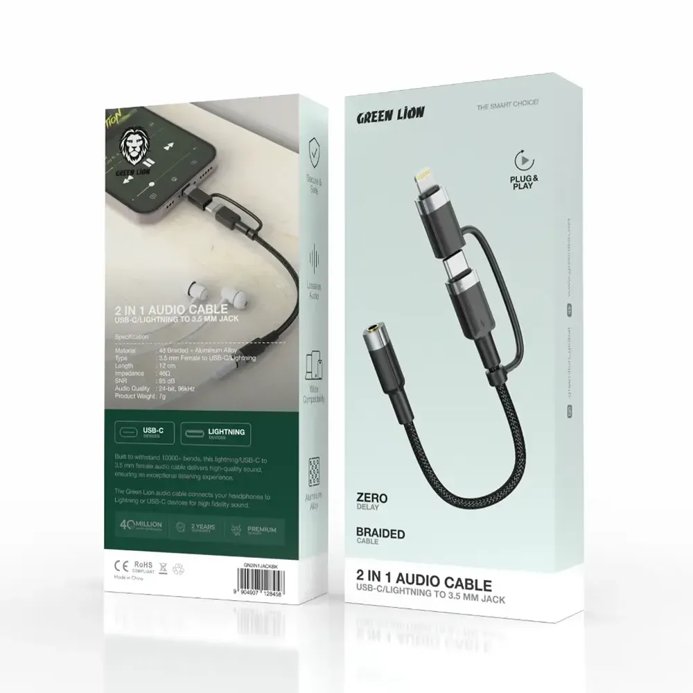 Green Lion 2 in 1 Audio Cable 12cm (USB-C & Lightning to 3.5mm Jack) — image 2