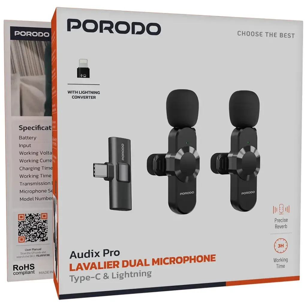 Porodo Audix Pro Lavalier Dual Microphone USB-C with Lightning Converter — image 4