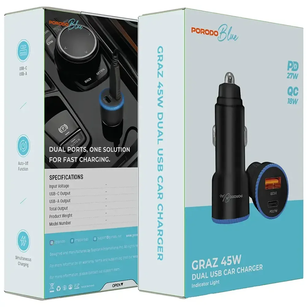 Porodo Blue Graz 45W Dual USB Car Charger with Indicator Light - Black — image 2