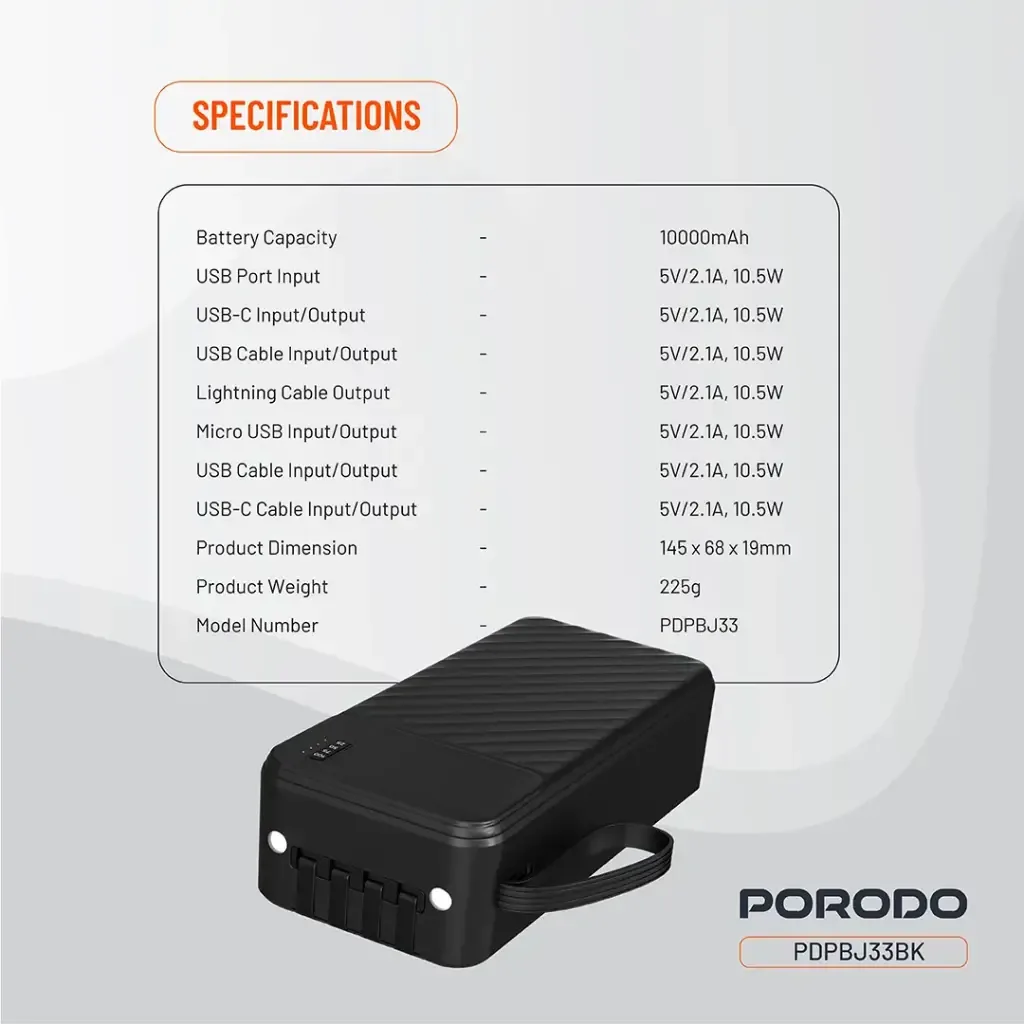 Porodo Piano 10000mAh Power Bank with Integrated Cables — image 3