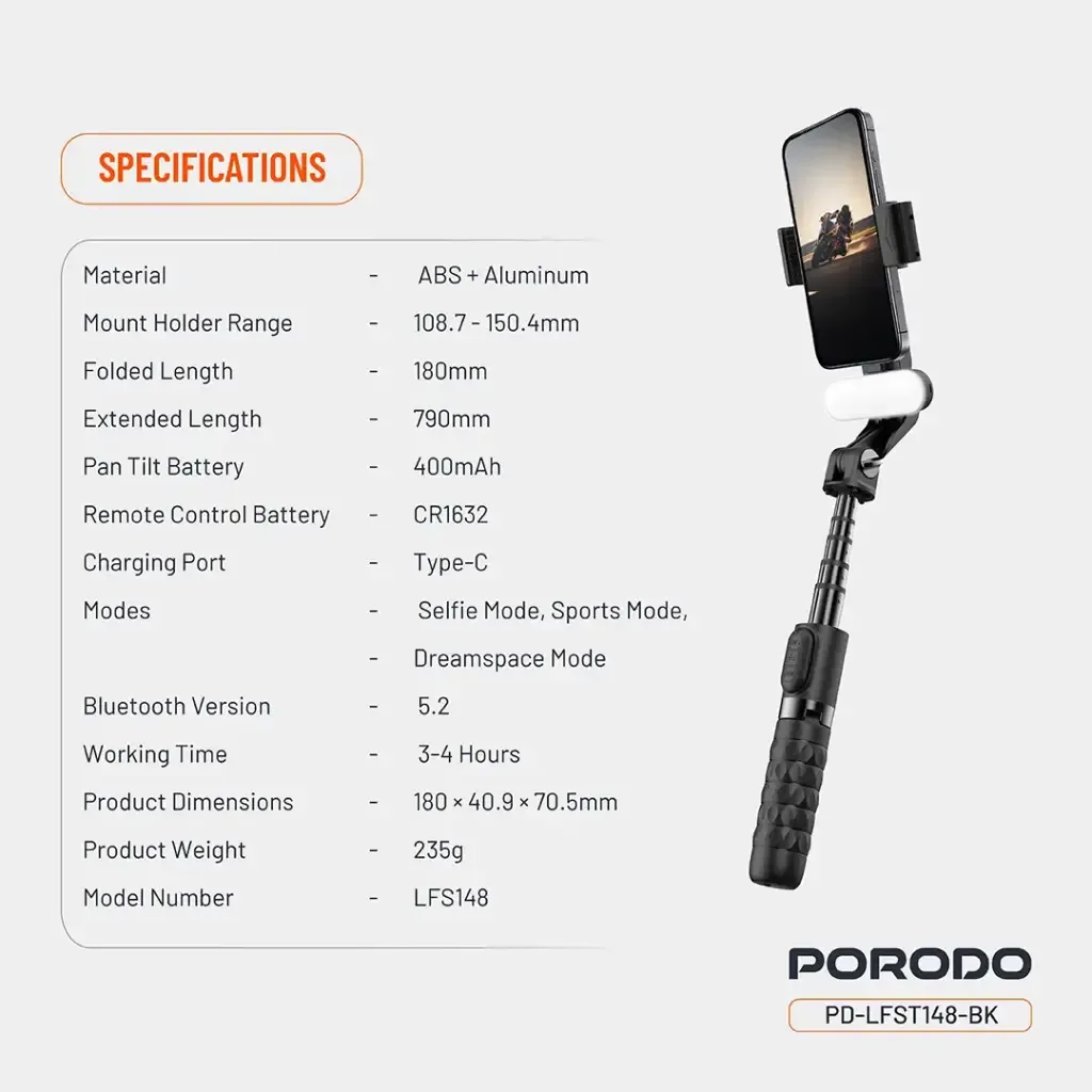 PORODO QuadBase Gimbal Stabilizer Detachable Fill Light Black LFS148 – Professional Smartphone Gimbal — image 2