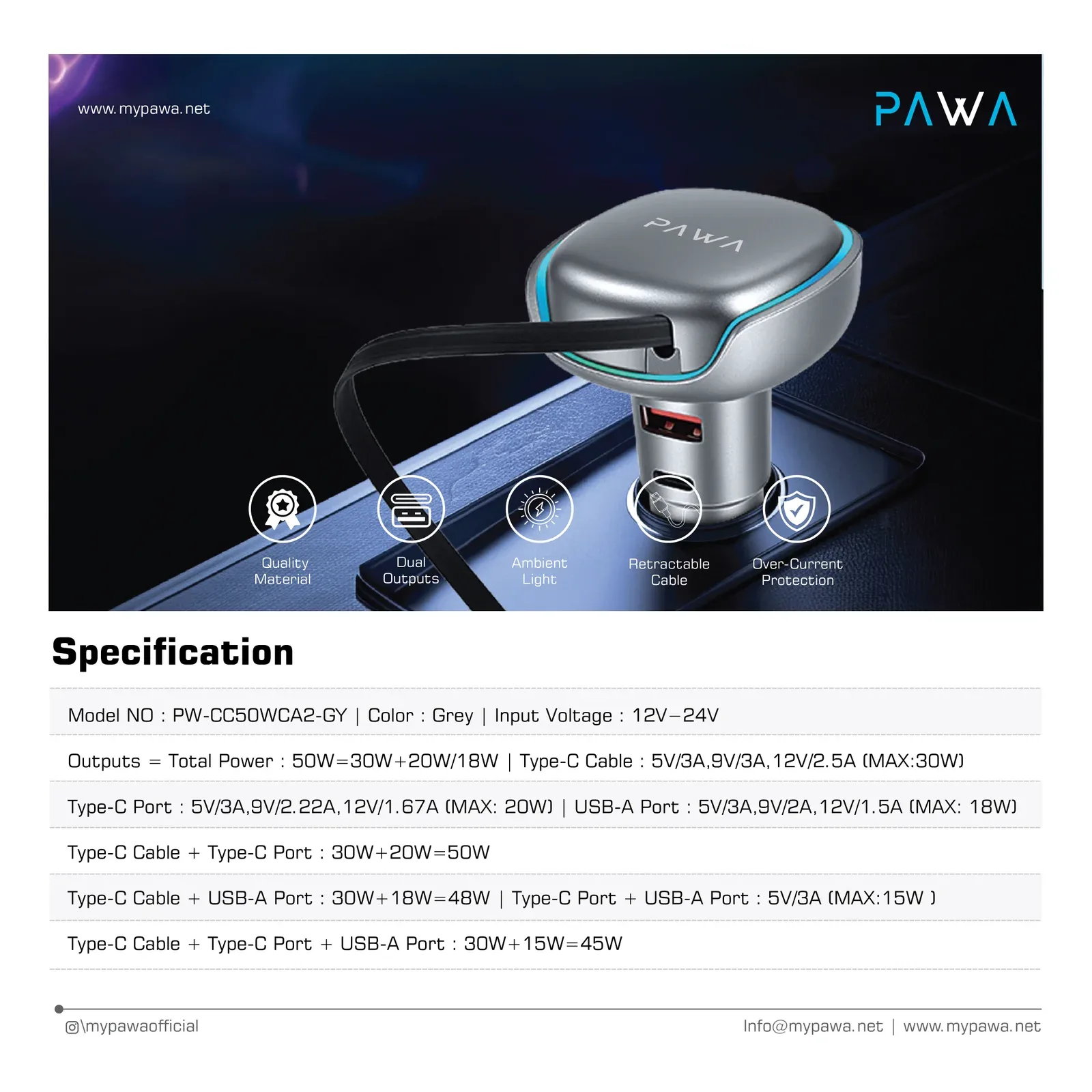 Pawa 50W Car Charger With Retractable Type C Cable — image 4