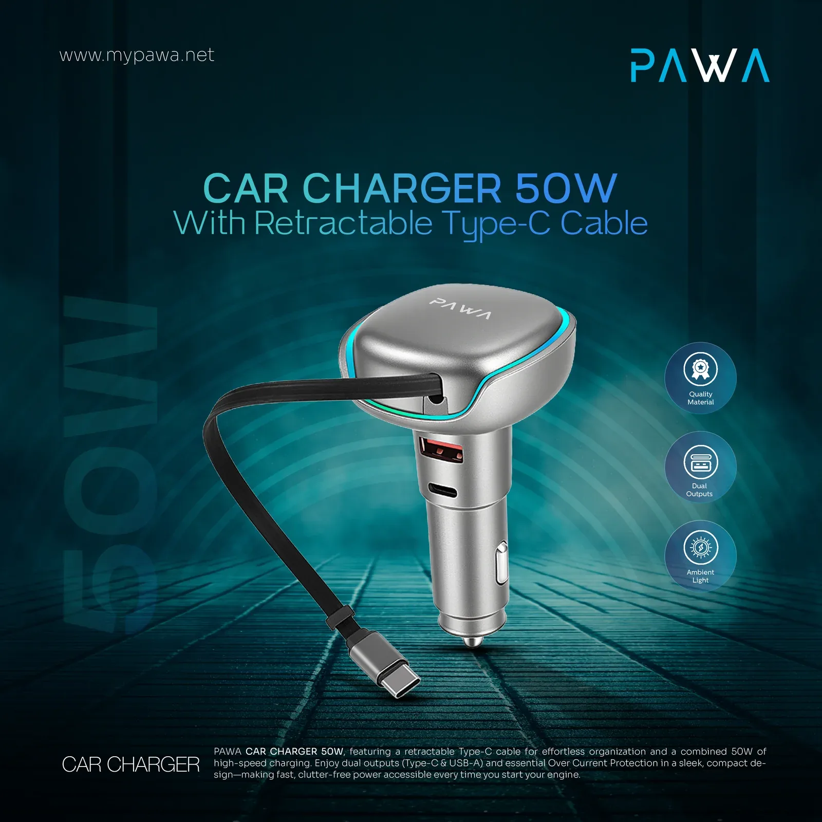 Pawa 50W Car Charger With Retractable Type C Cable — image 3