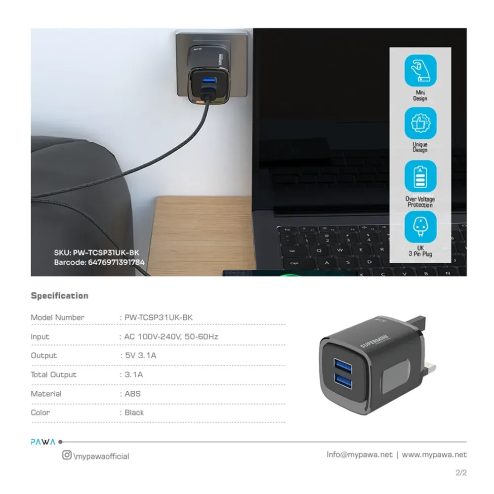 PAWA Pocket Mini Travel Charger Dual USB | Compact 12W UK Wall Charger — image 2