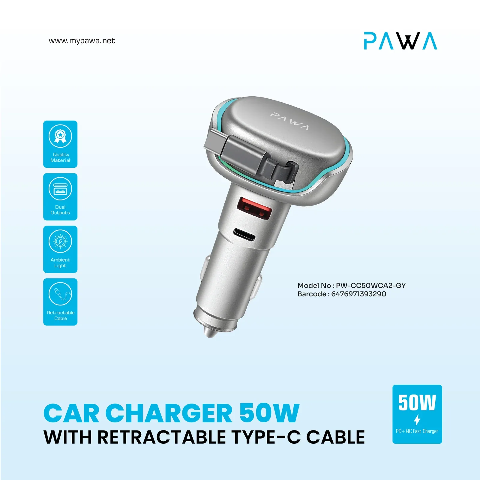 Pawa 50W Car Charger With Retractable Type C Cable — image 2