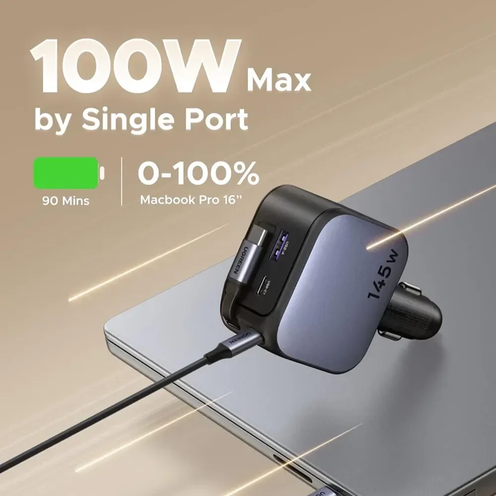 UGREEN 145W 2C1A with 1 Retractable Cable Car Charger — image 5
