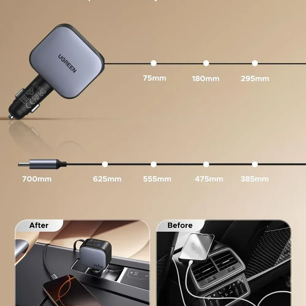 UGREEN 145W 2C1A with 1 Retractable Cable Car Charger — image 3