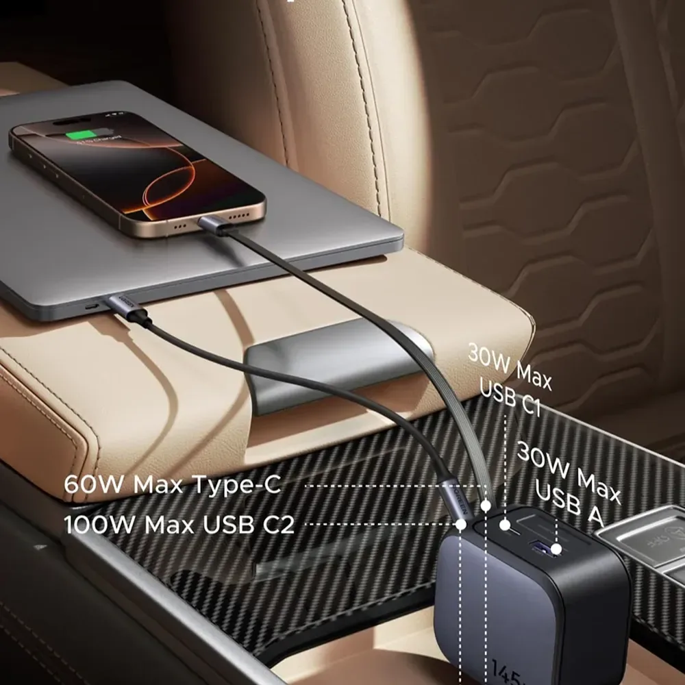 UGREEN 145W 2C1A with 1 Retractable Cable Car Charger — image 4