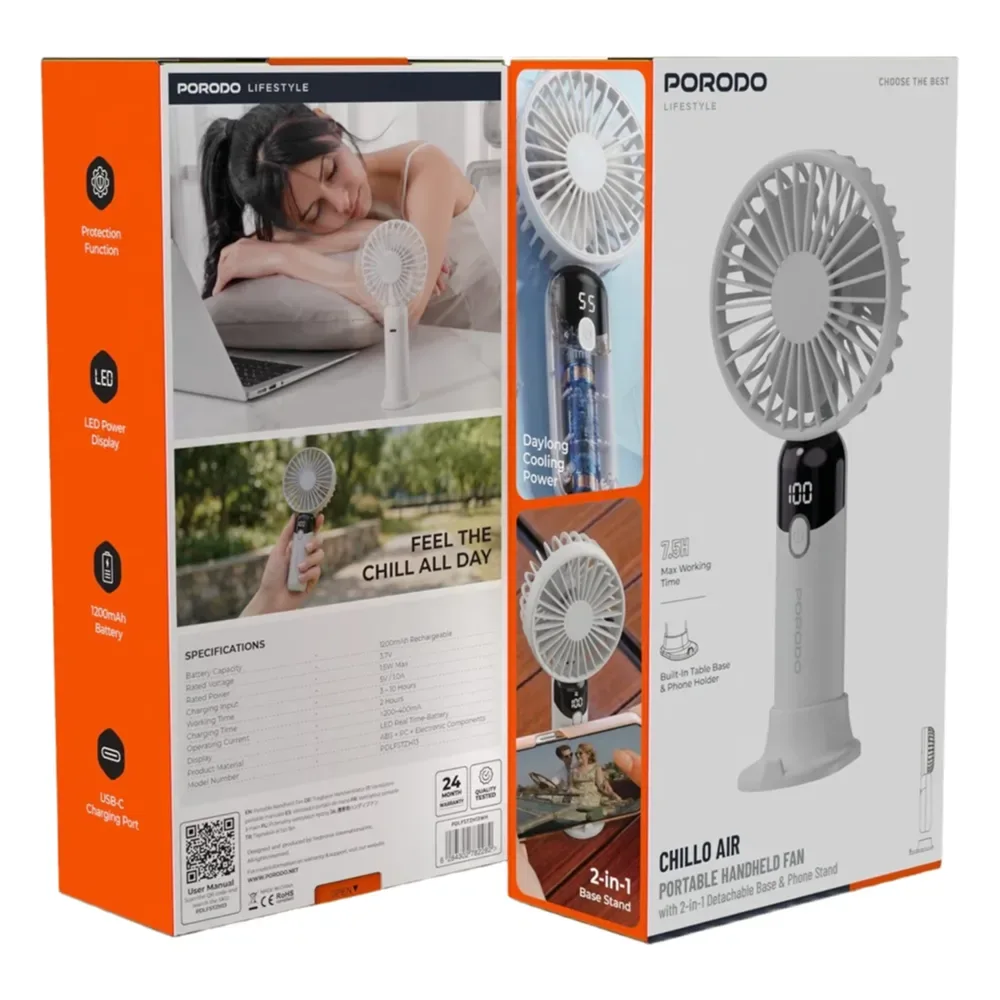 Porodo Chillo Air Portable Handheld Fan with Base, Rechargeable Mini Cooling Fan — image 2