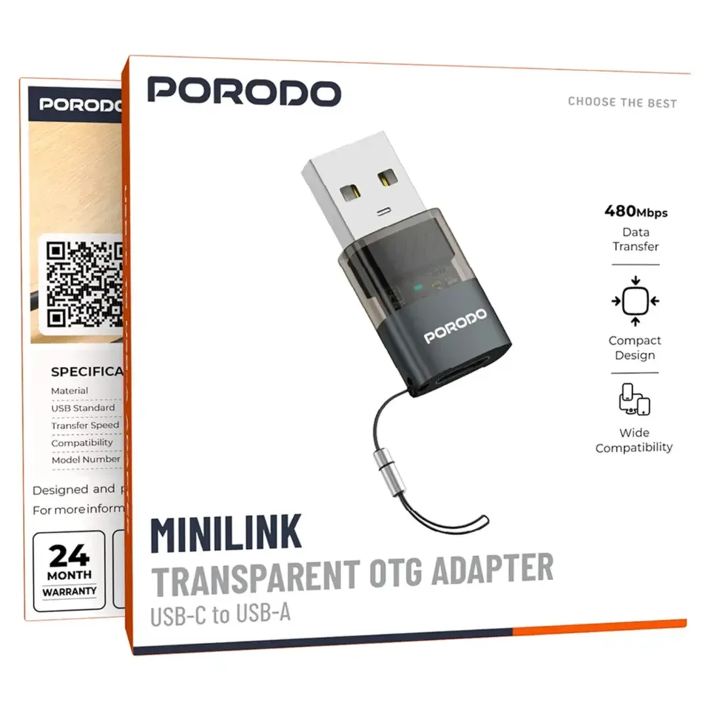 Porodo MiniLink Transparent OTG Adapter USB-C to USB-A 480Mbps — image 2